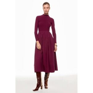 MARIOLIVER Mock Neck Sweater Dress Midi Skirt Pleated Burgundy M